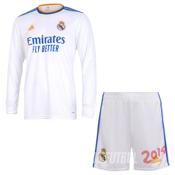 Camiseta Real Madrid Conjunto Completo Ninos Primera Manga Larga 2021/2022 Blanco